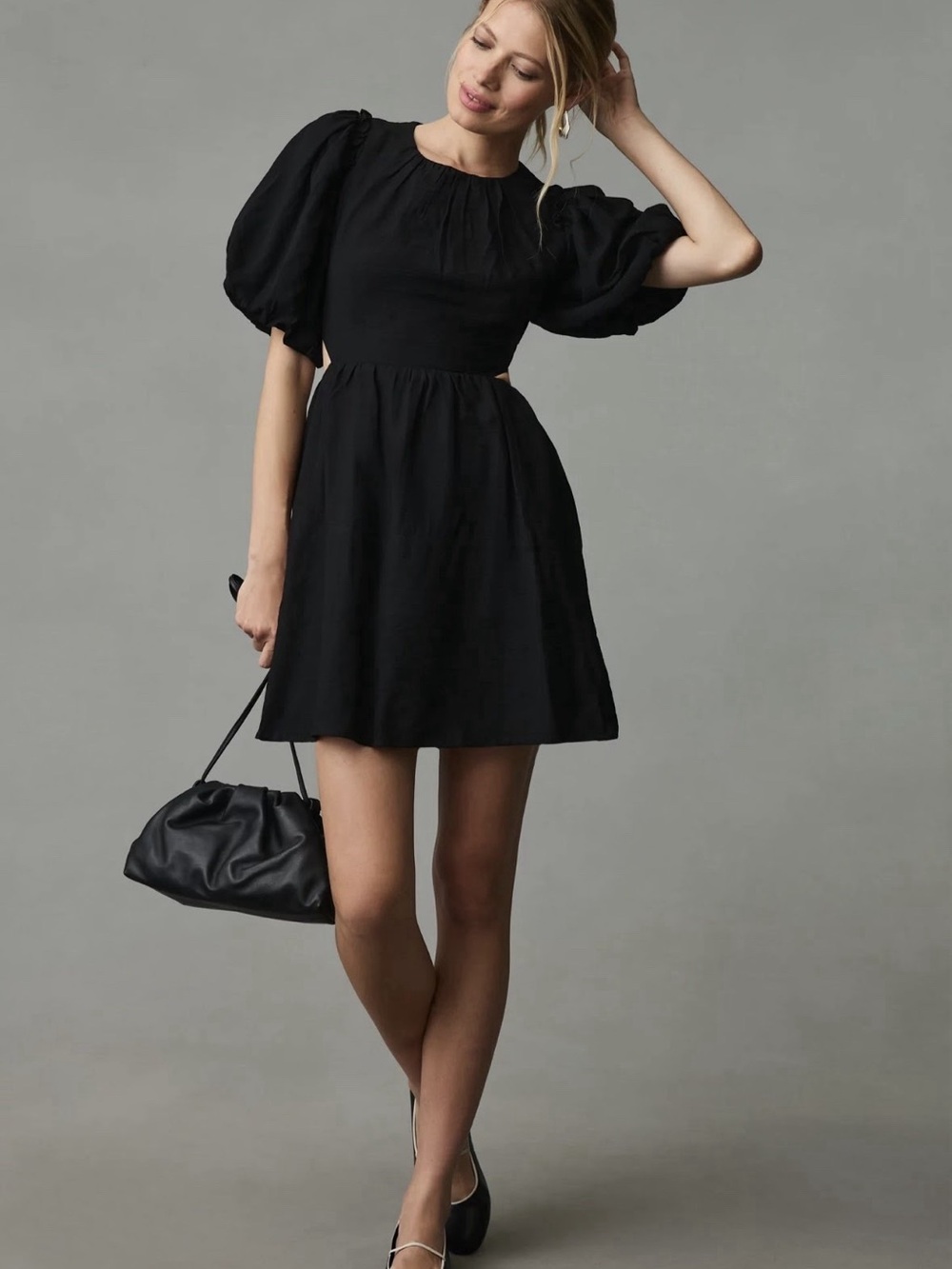 Moon River Black Puff-Sleeve Mini Dress
